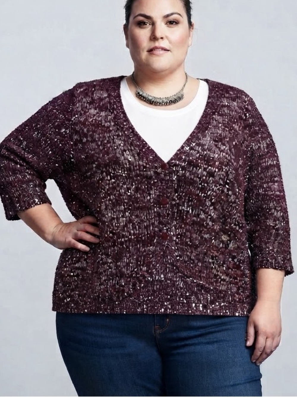 PENNINGTONS Burgundy Metallic Sequin V-Neck Button Cardigan Sweater 4x